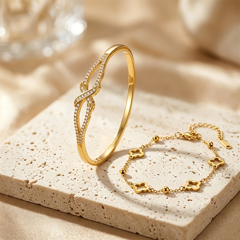 2pcs Hollow Beaded Four-Leaf Clover Bracelets Set